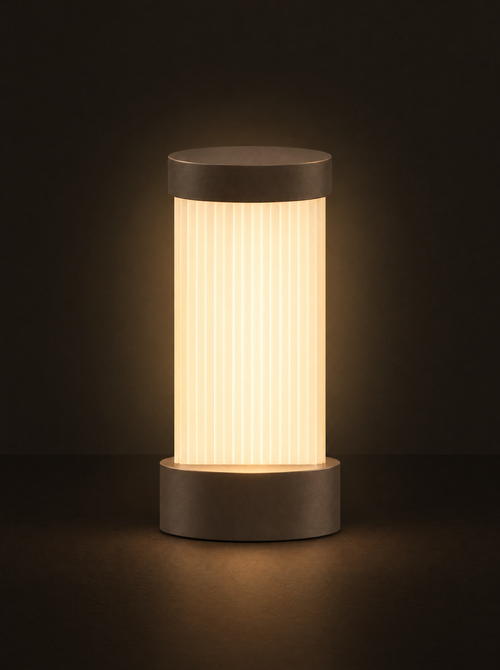 Doric table lamp: a fluted column shade glowing warm white between a dark taupe cap and base