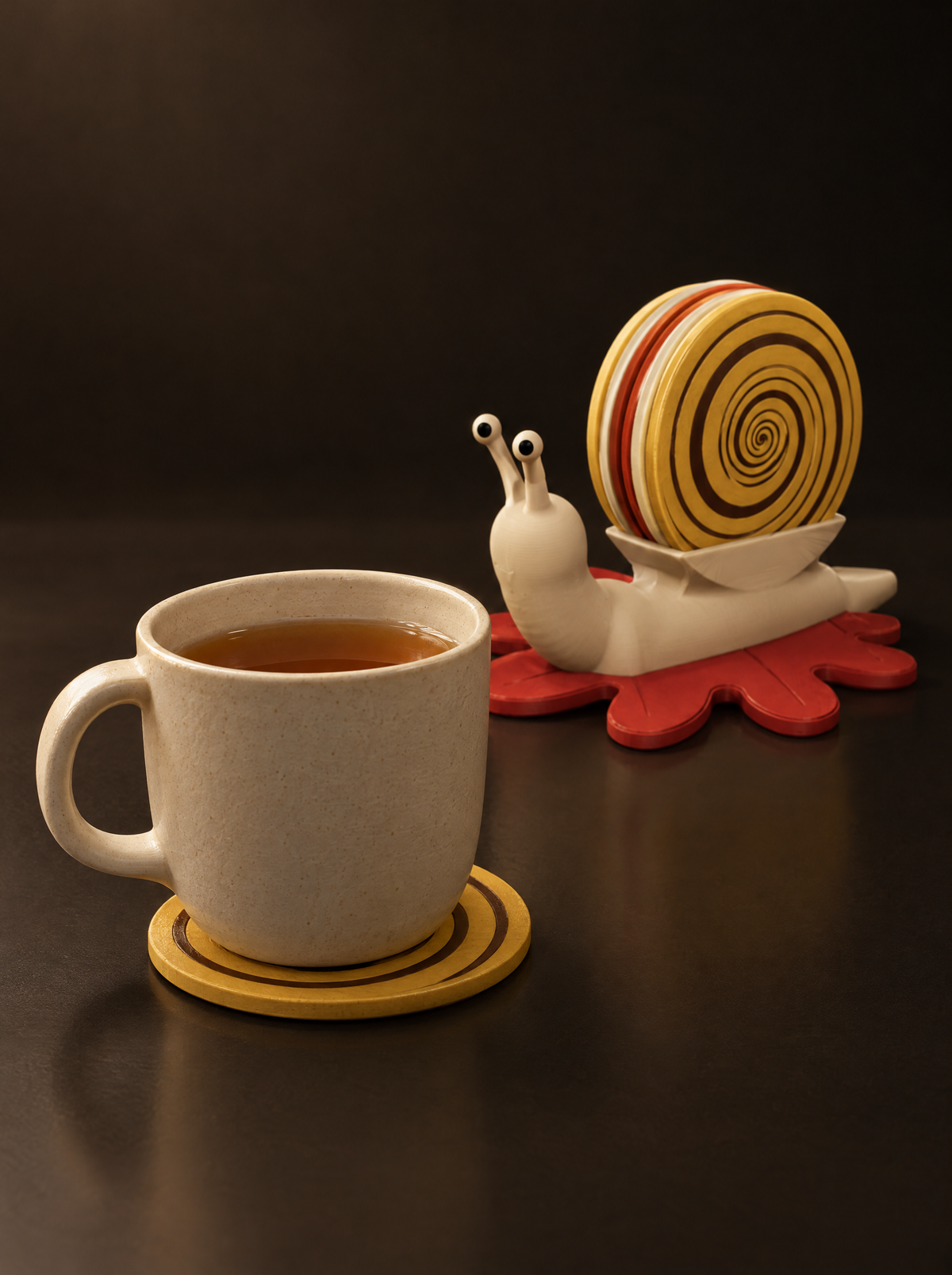 Mug of tea on a gold spiral coaster in front of the Snail Shell coaster holder