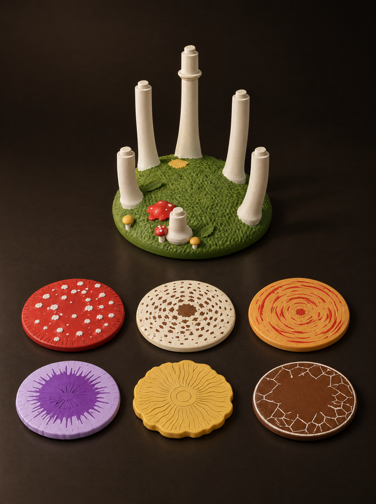 Mushroom Grove with all six cap coasters lifted off and laid out: fly agaric, parasol, saffron milkcap, amethyst deceiver, chanterelle and porcini
