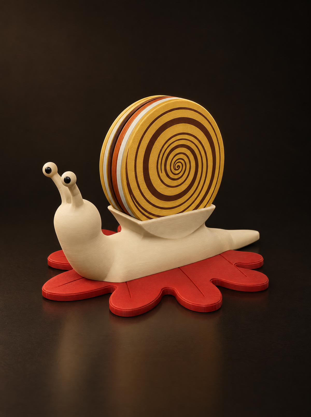 Snail Shell coaster set: a cream snail on a red oak-leaf base carrying a shell of six spiral coasters