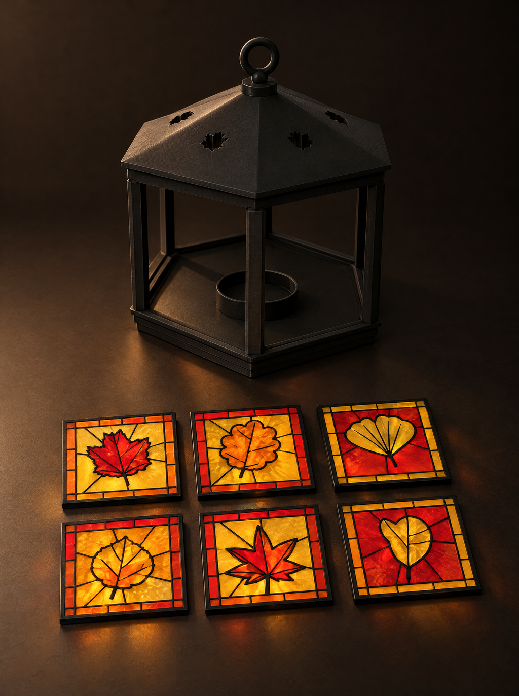 Leaf Lantern with its six leaf pane coasters slid out and laid in two rows