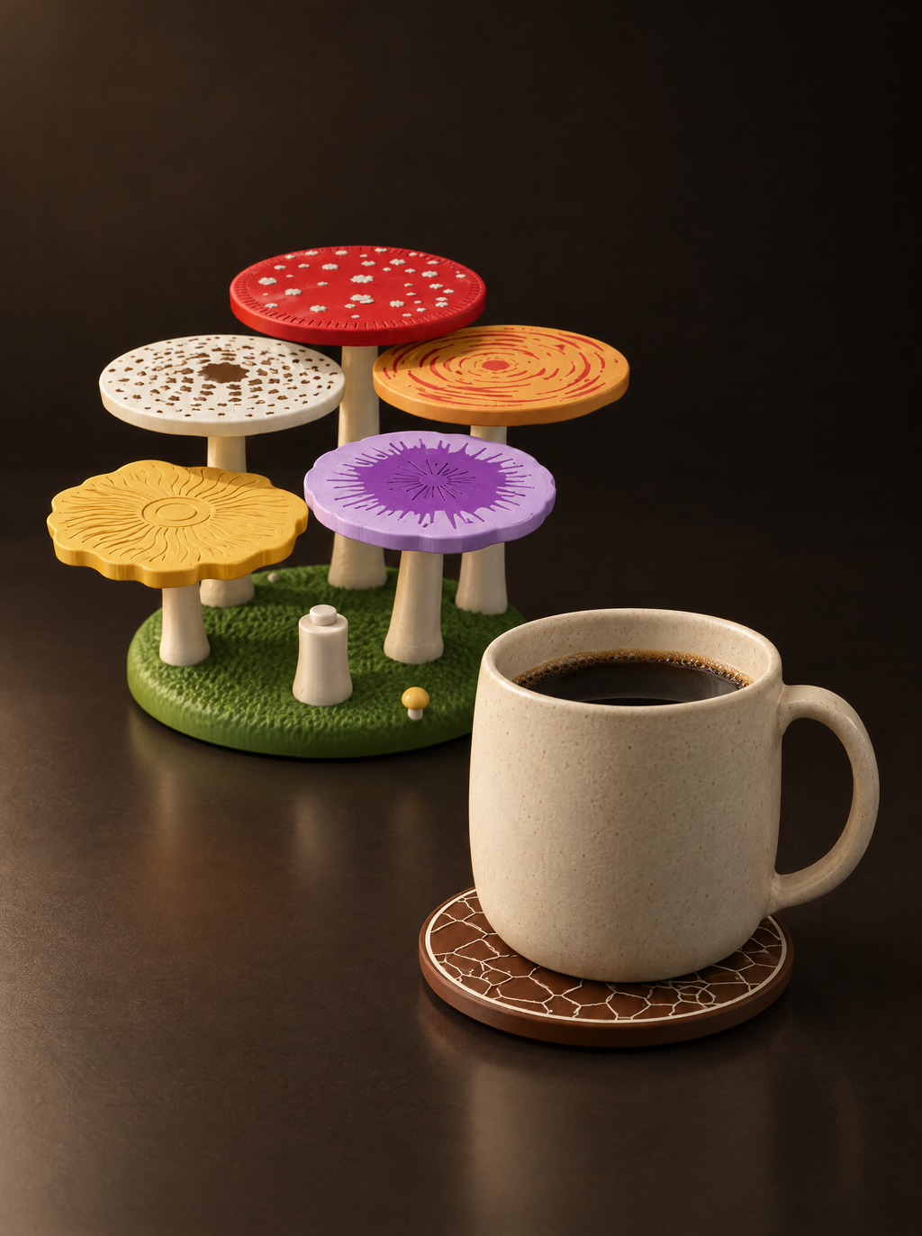 Mug of coffee resting on the porcini cap coaster beside the Mushroom Grove