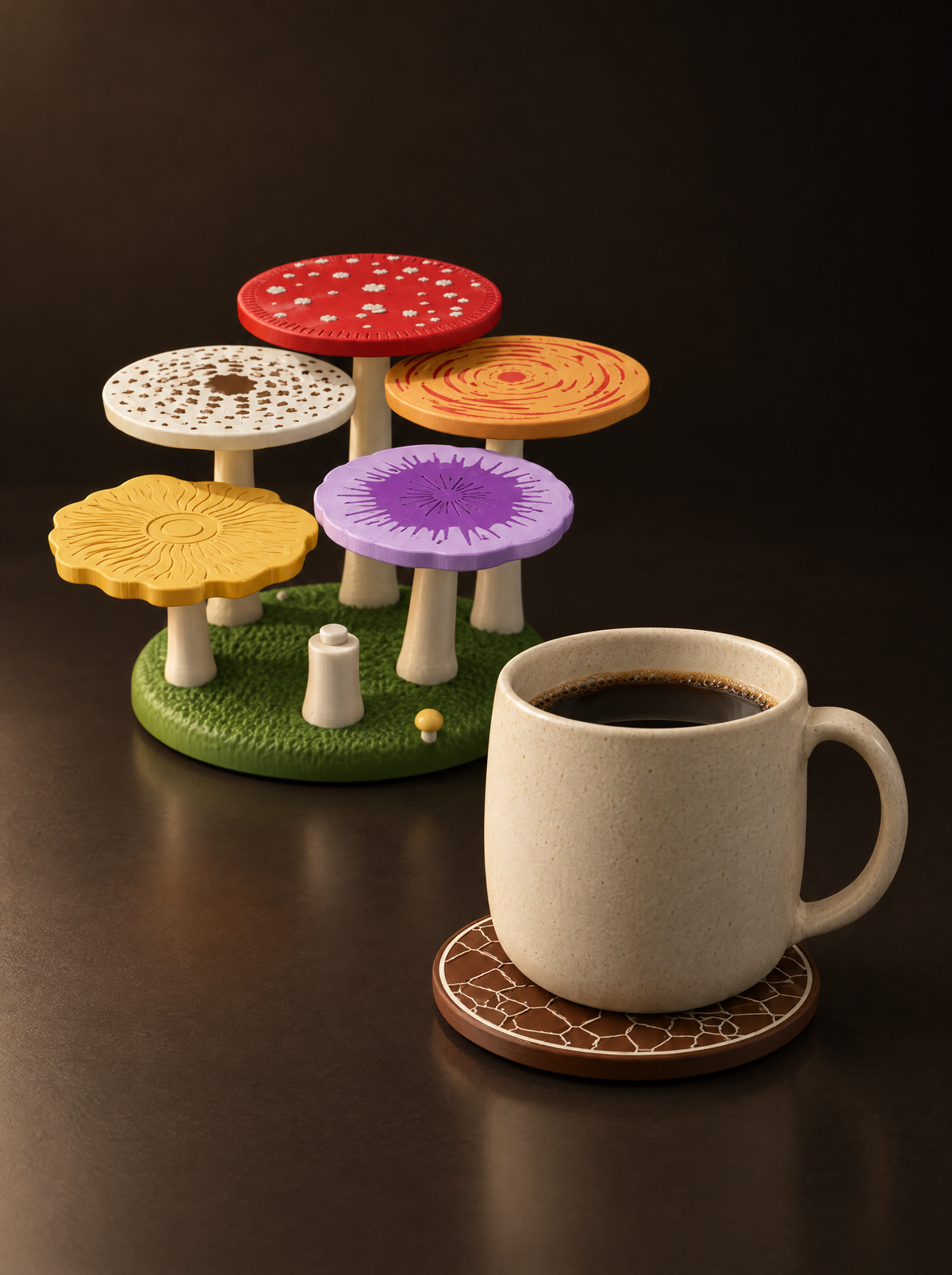 Mug of coffee resting on the porcini cap coaster beside the Mushroom Grove