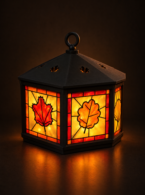 Leaf Lantern coaster set glowing from an LED tealight, its translucent leaf panes lit amber, orange and red