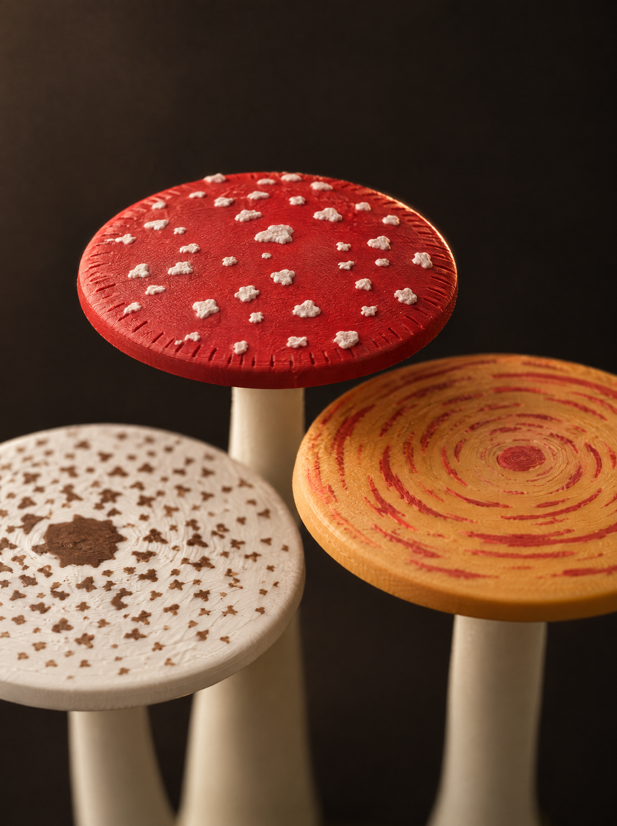 Close-up of the fly agaric, parasol and saffron milkcap caps on the Mushroom Grove