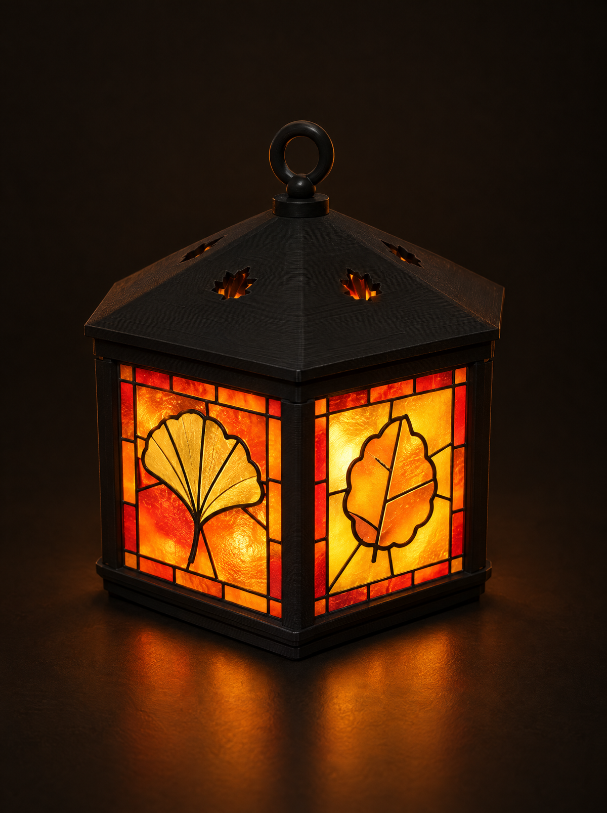 Leaf Lantern from another side, showing its ginkgo and aspen panes and leaf-shaped roof vents