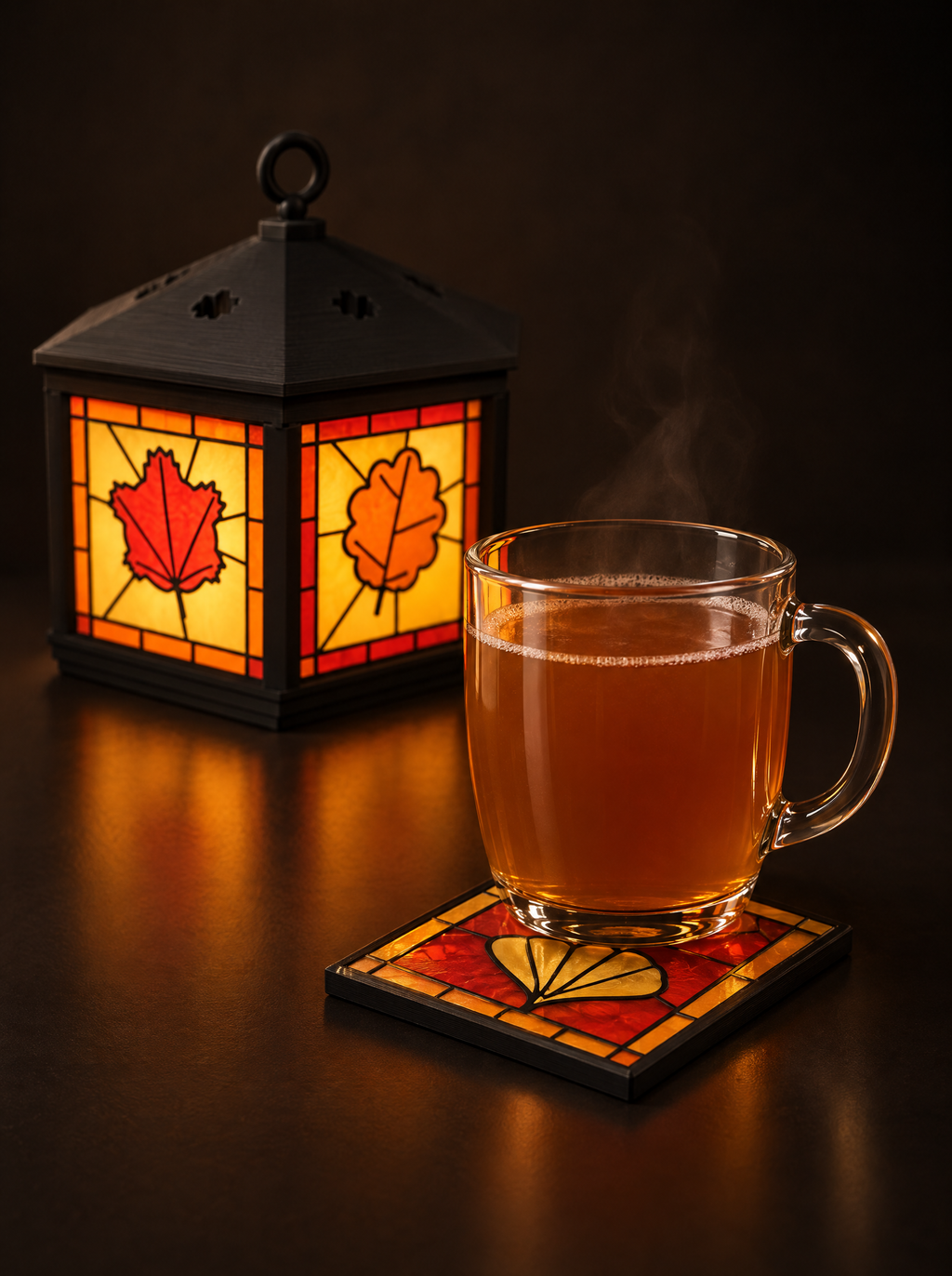 Mug of hot cider on the ginkgo pane coaster in front of the glowing Leaf Lantern